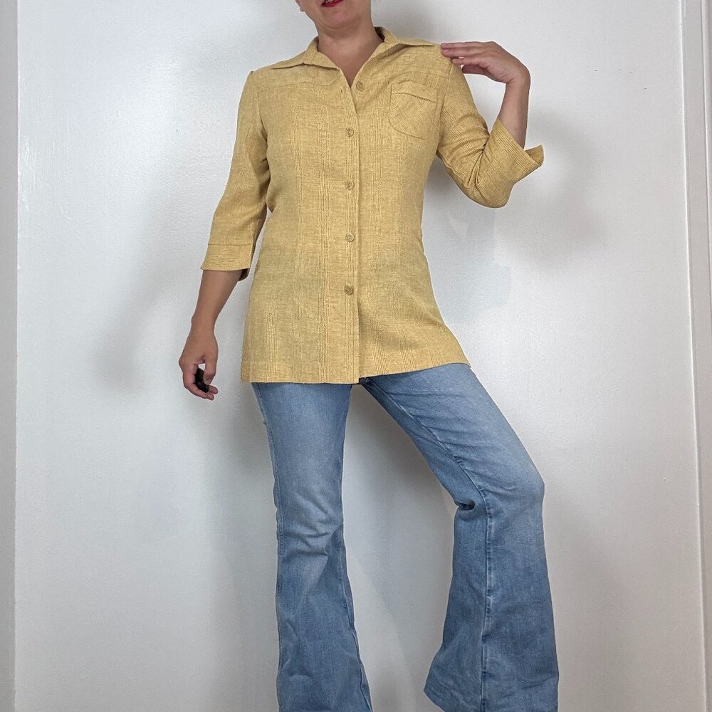 Vintage LANA LEE PETITE Mid Length Sleeve Yellow Blazer - Size M - Picture 2 of 12